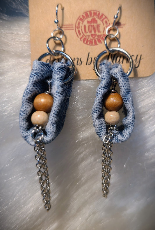 Blue Jean Earrings with Wooden Beads & Chain